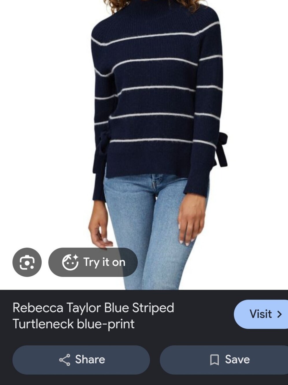 Rebecca Taylor Navy and White Striped Turtleneck Sweater with Side Tie Sleeves